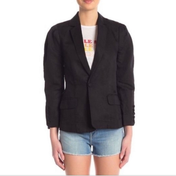 Frame One Button Pleated Linen and Lyocell Blend Blazer Women's Size 10 Black - Picture 9 of 9